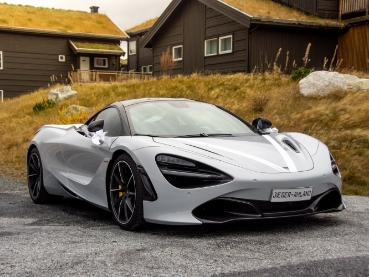 草原のそばに停車する白いスポーツカー